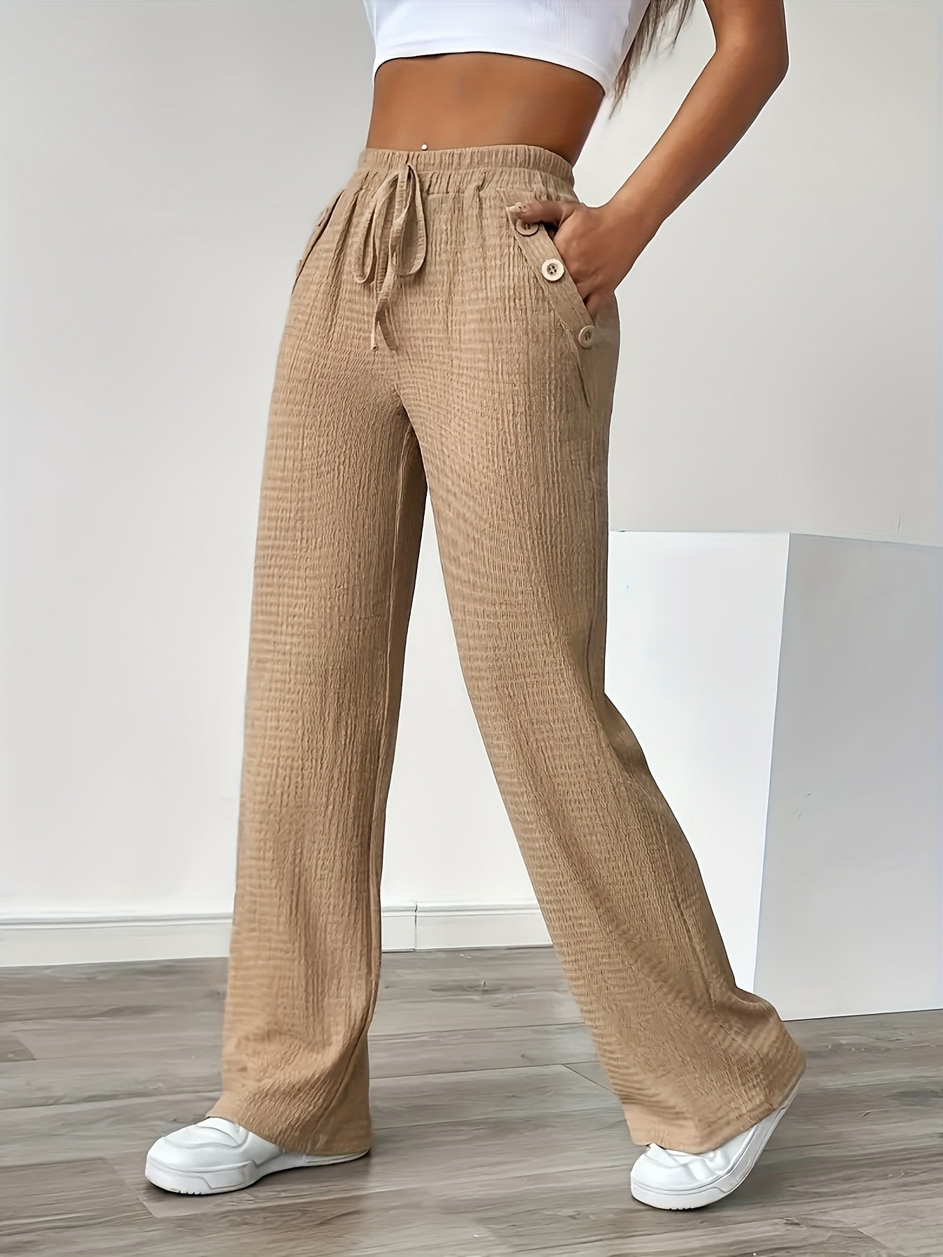 Women's Straight Leg Casual Pants with Button Details and Drawstring – Ideal for Everyday and Leisure
