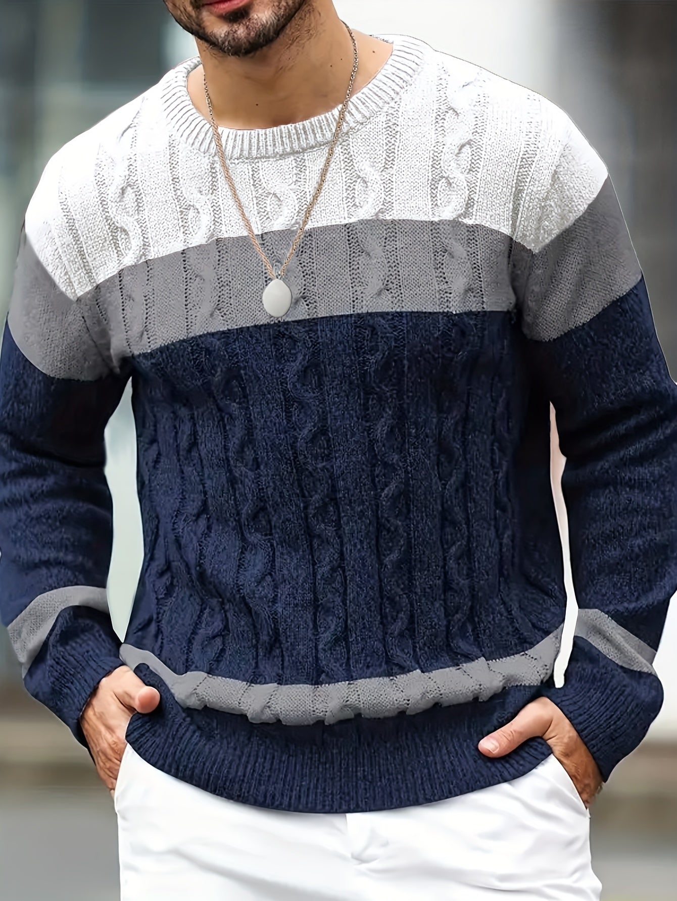 Herren Grobstrick Pullover mit Zopfmuster, farbblockiert, Rundhalsausschnitt