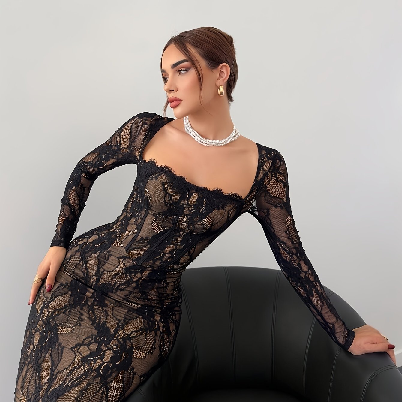 Women's Elegant Bodycon Evening Dress with Lace and Long Sleeves – Perfect for Special Occasions