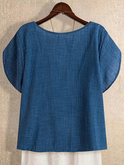 Women's tunic blouse with asymmetrical collar and short sleeves – Artistic casual style