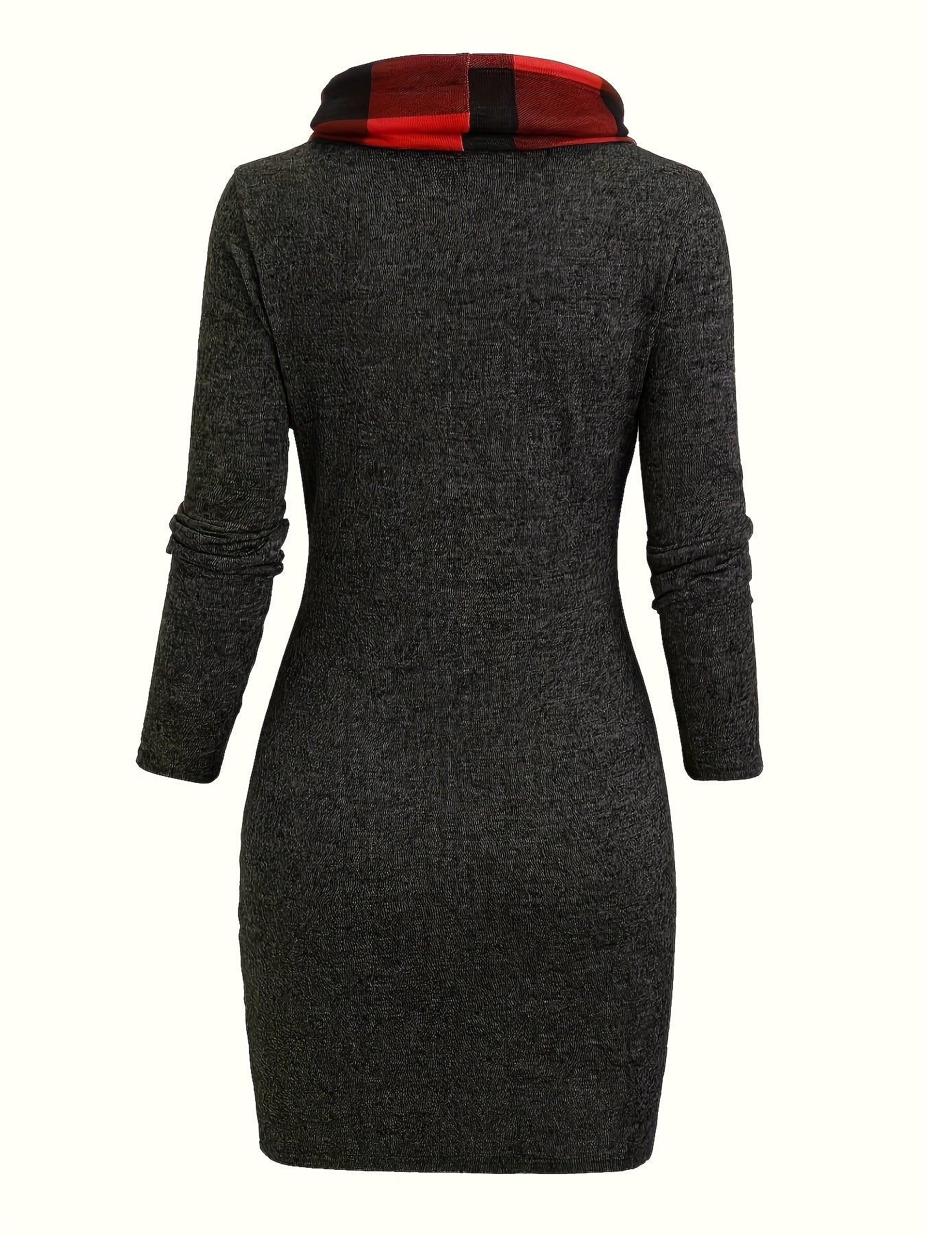 Damen Pulloverkleid mit Rollkragen, kariertem Einsatz & Knöpfen, Langarm, tailliert