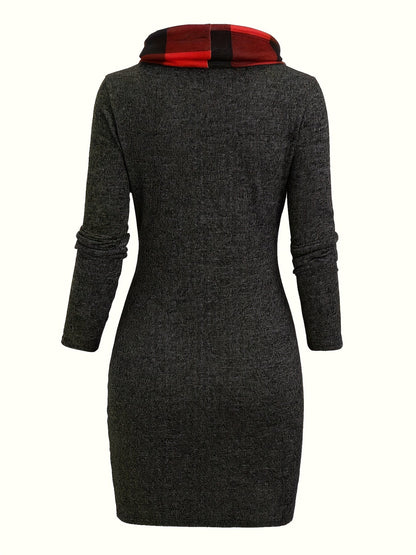Damen Pulloverkleid mit Rollkragen, kariertem Einsatz & Knöpfen, Langarm, tailliert