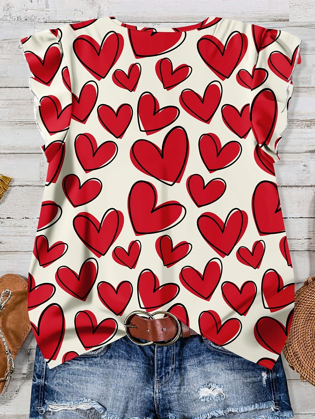 Women's summer blouse with hearts, V-neck, button placket, casual & romantic style