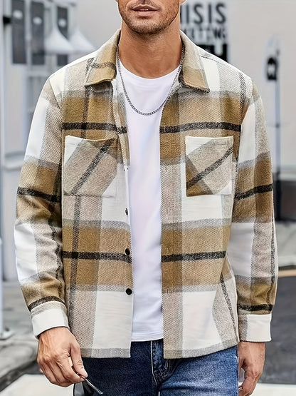 Men's Plaid Shirt Jacket, Long Sleeve, with Chest Pockets, Casual Shacket