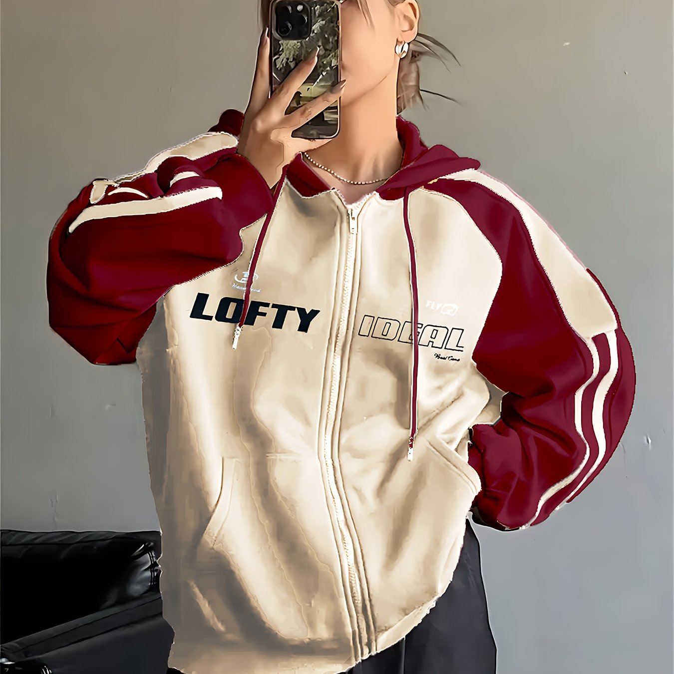 Unisex Kapuzenpullover mit Reißverschluss und Streifen-Design, Rot-Creme