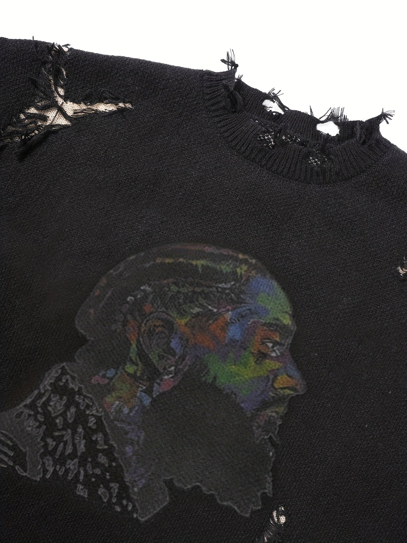 Men's chunky-knit crew-neck sweater with colorful portrait print and distressed details