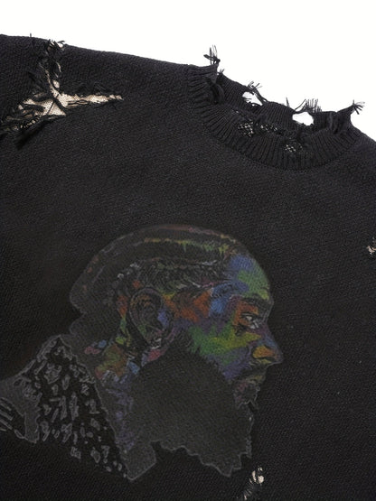 Men's chunky-knit crew-neck sweater with colorful portrait print and distressed details