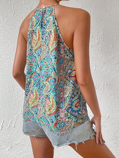 Women's Elegant Halter Neck Top with Paisley Pattern for Summer, Casual Wear, and Festivals