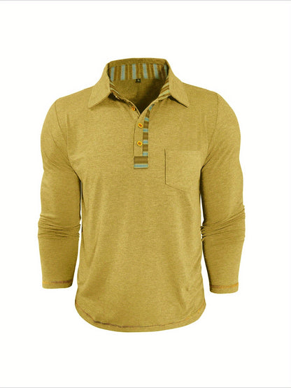 Men's long-sleeved polo shirt with chest pocket and patterned details