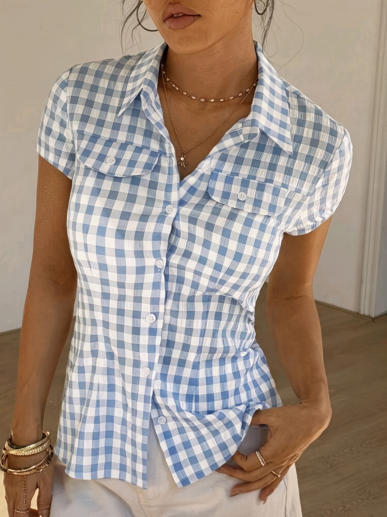 Women's Short-Sleeve Checked Blouse Casual Spring/Summer – Fitted, Stylish for Everyday & Leisure