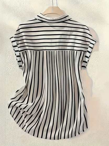 Women's blouse shirt with vertical stripes and button placket – Elegant summer look for office and leisure