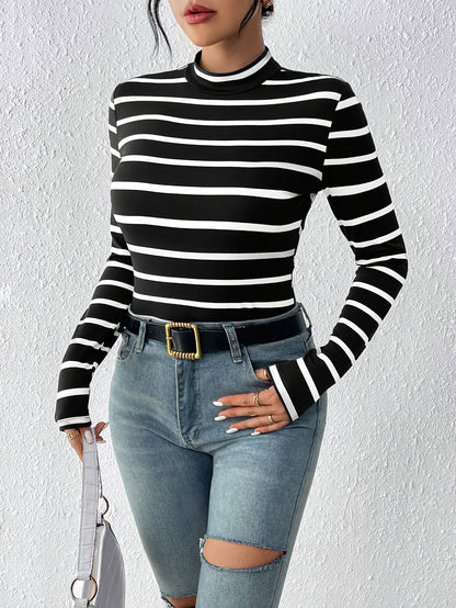 Damen Langarmshirt gestreift Stehkragen