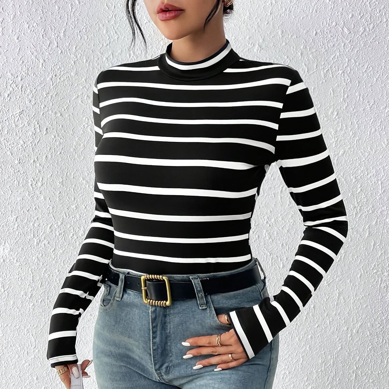 Damen Langarmshirt gestreift Stehkragen