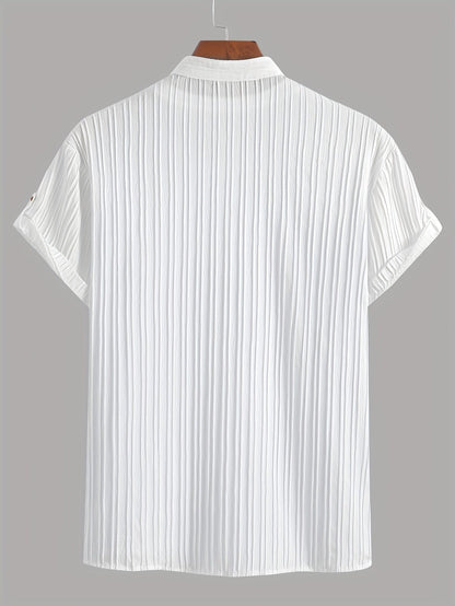 Men's short-sleeve shirt with pleated texture and stand-up collar – modern casual shirt for summer & vacation