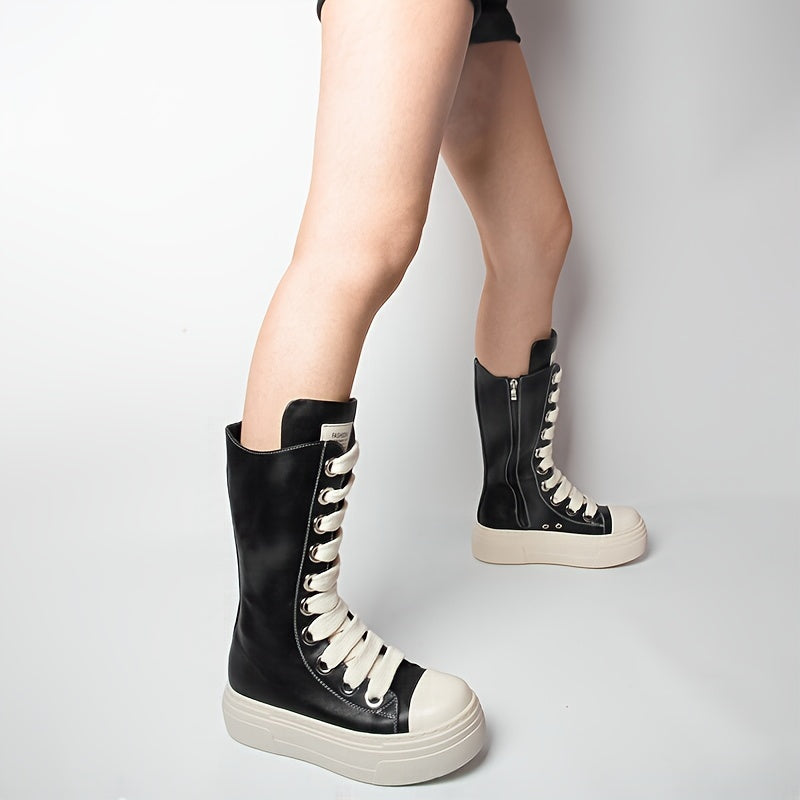 Platform High-Top Boots Black White with Lacing