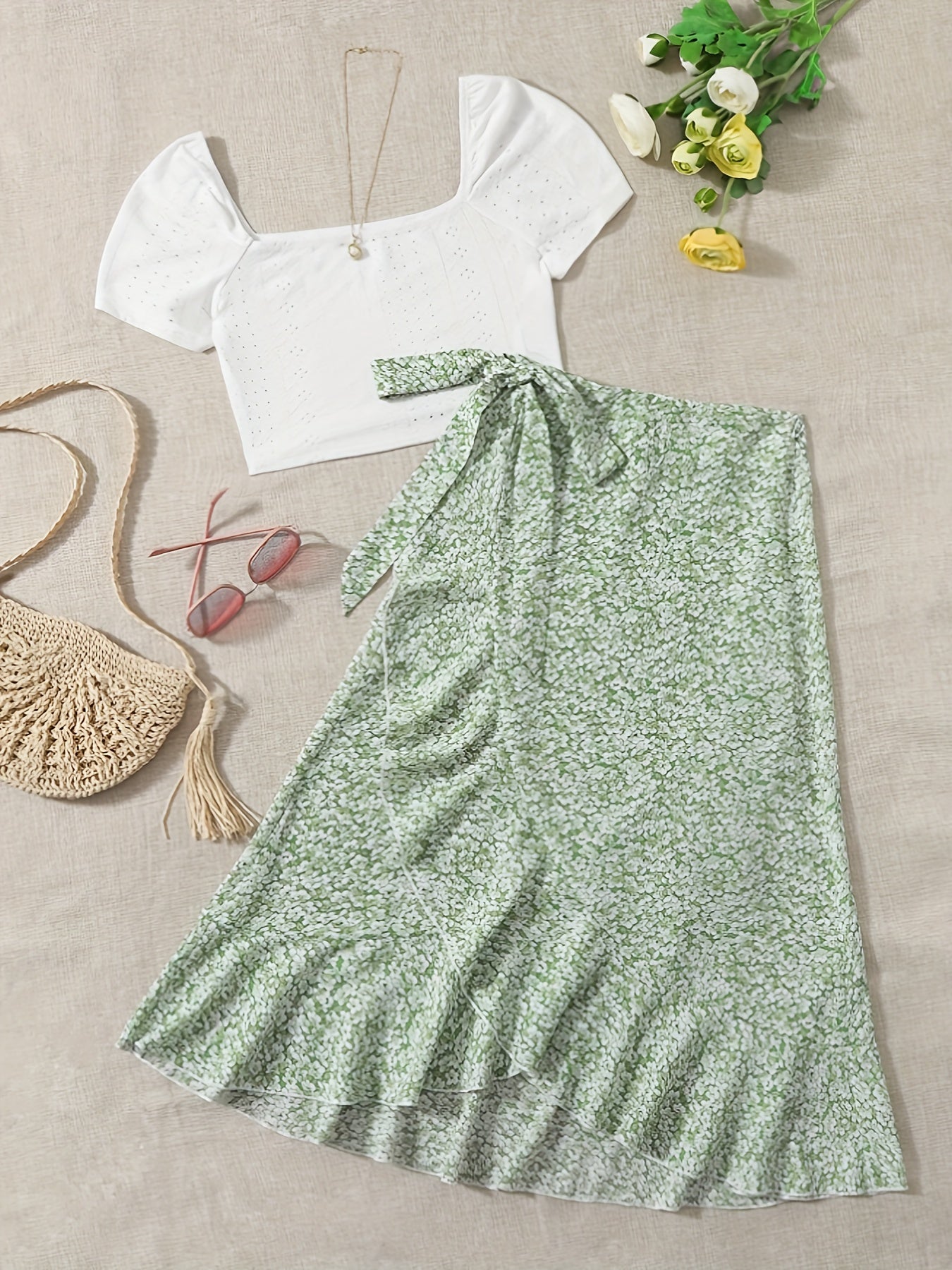 Damen Zweiteiler Set – Romantische Bluse mit Puffärmeln und Floraler Wickelrock – Perfekt für Sommer & Freizeit