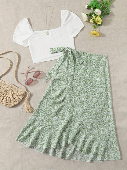 Damen Zweiteiler Set – Romantische Bluse mit Puffärmeln und Floraler Wickelrock – Perfekt für Sommer & Freizeit