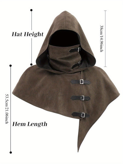 Hooded cape with buckles and neck protection