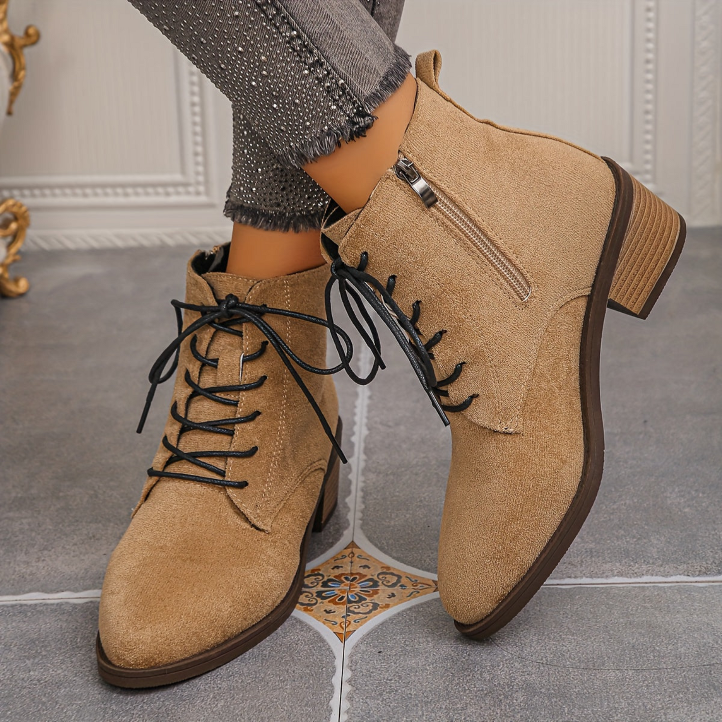 Women's lace-up ankle boots with block heels and a zipper