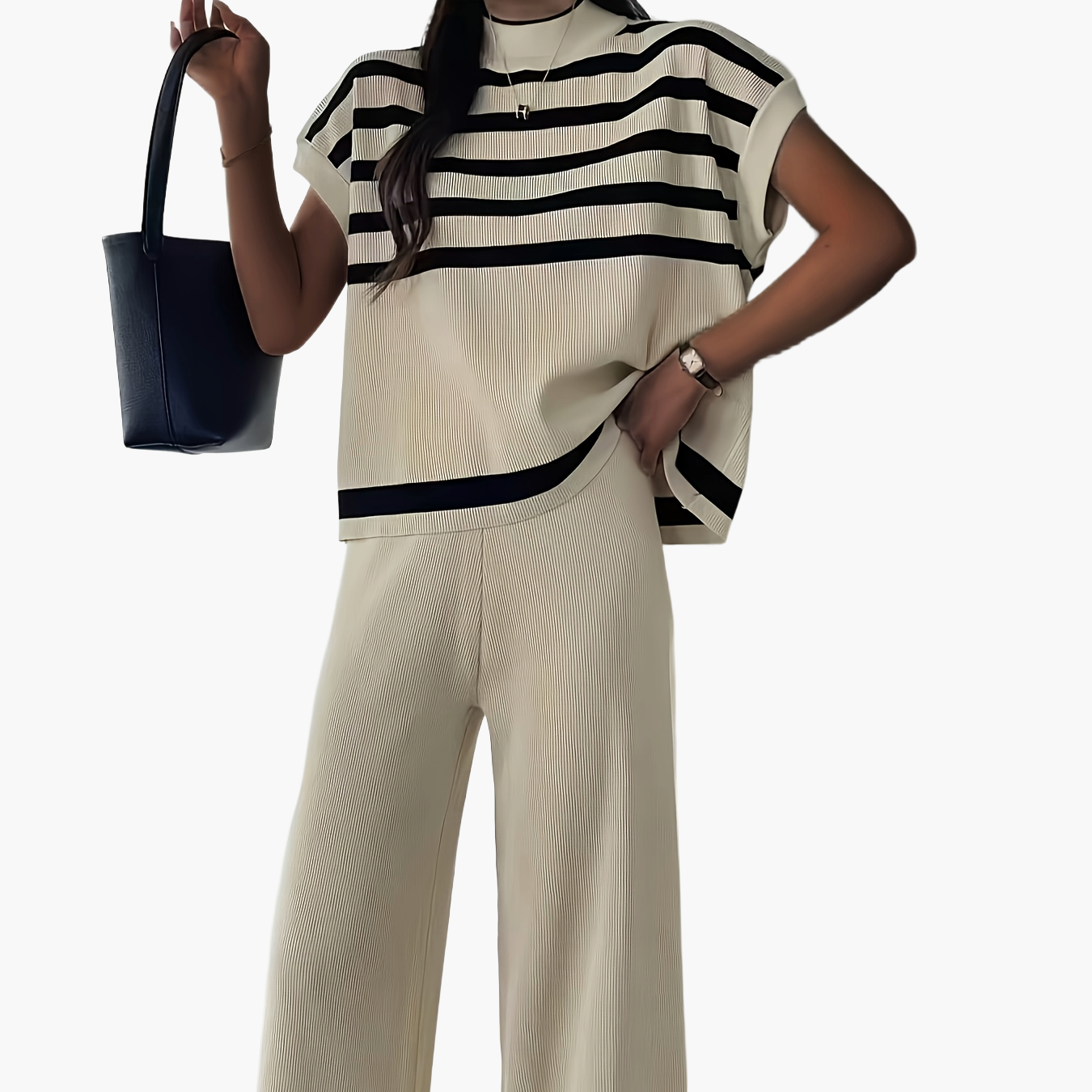 Women's Elegant Striped Set with Wide-Leg Pants – Casual, Fashionable Two-Piece for Spring and Summer