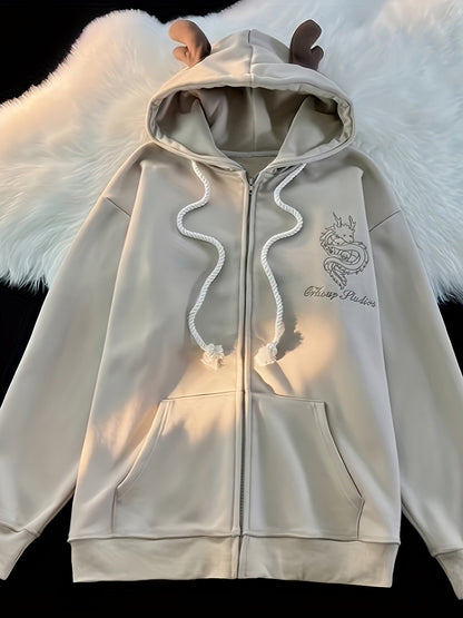 Beige zip-up hoodie with dragon embroidery and antler hood