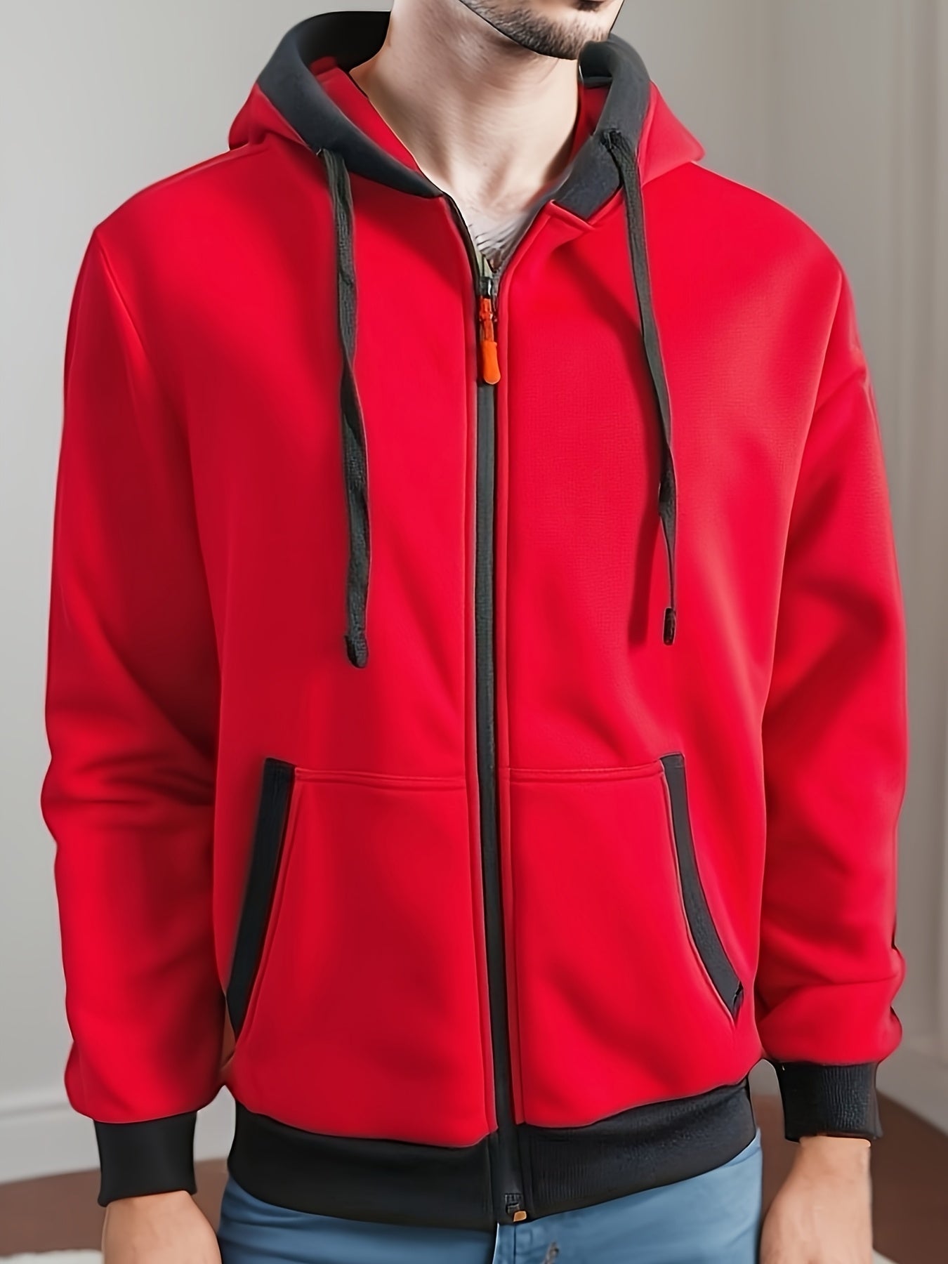 Unisex Kapuzenjacke mit Reißverschluss, kontrastfarbener Kapuze und Taschen, Rosa