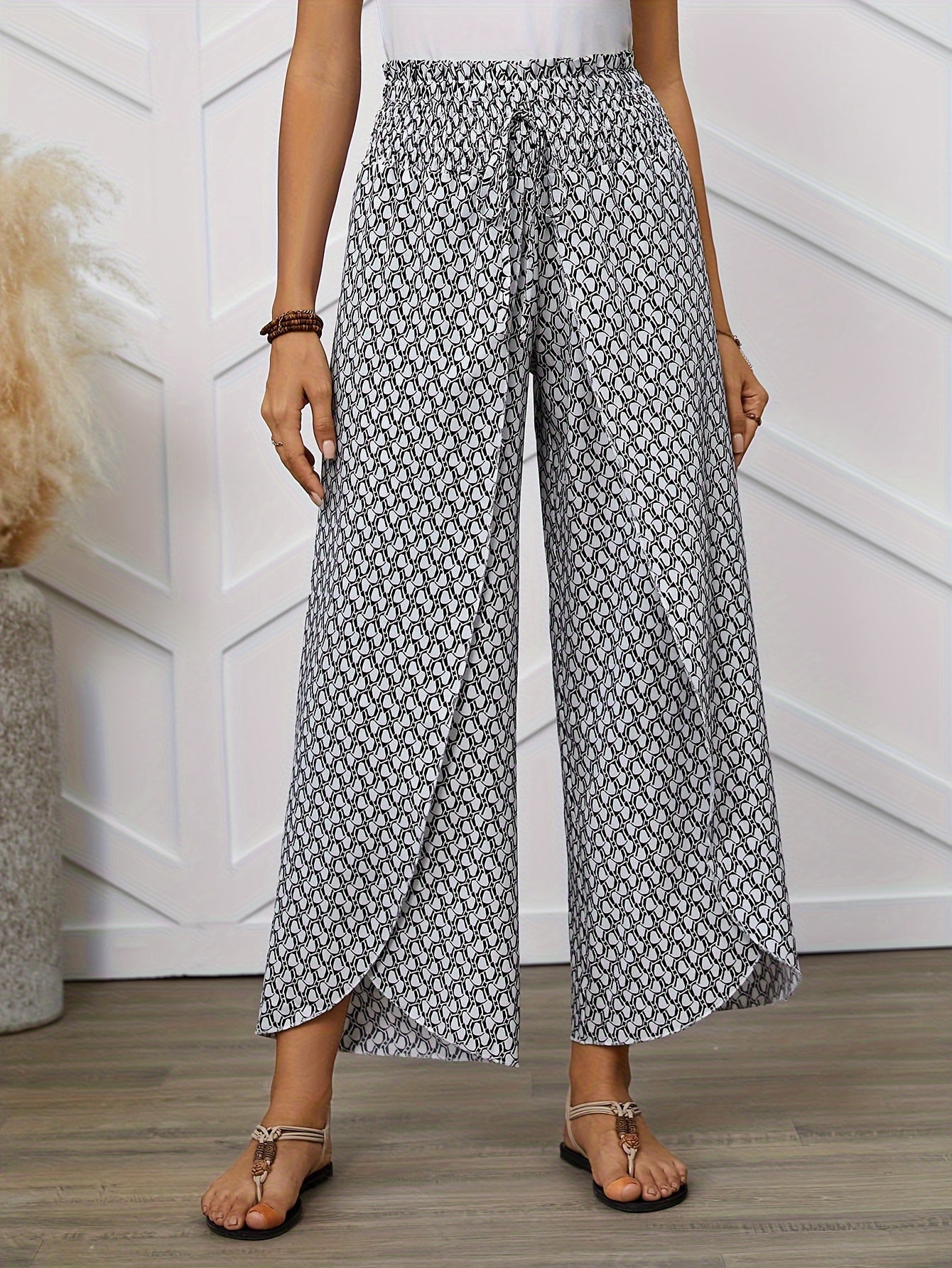 Women's Elegant Wide-Leg Wrap Pants with Geometric Pattern for Spring and Summer