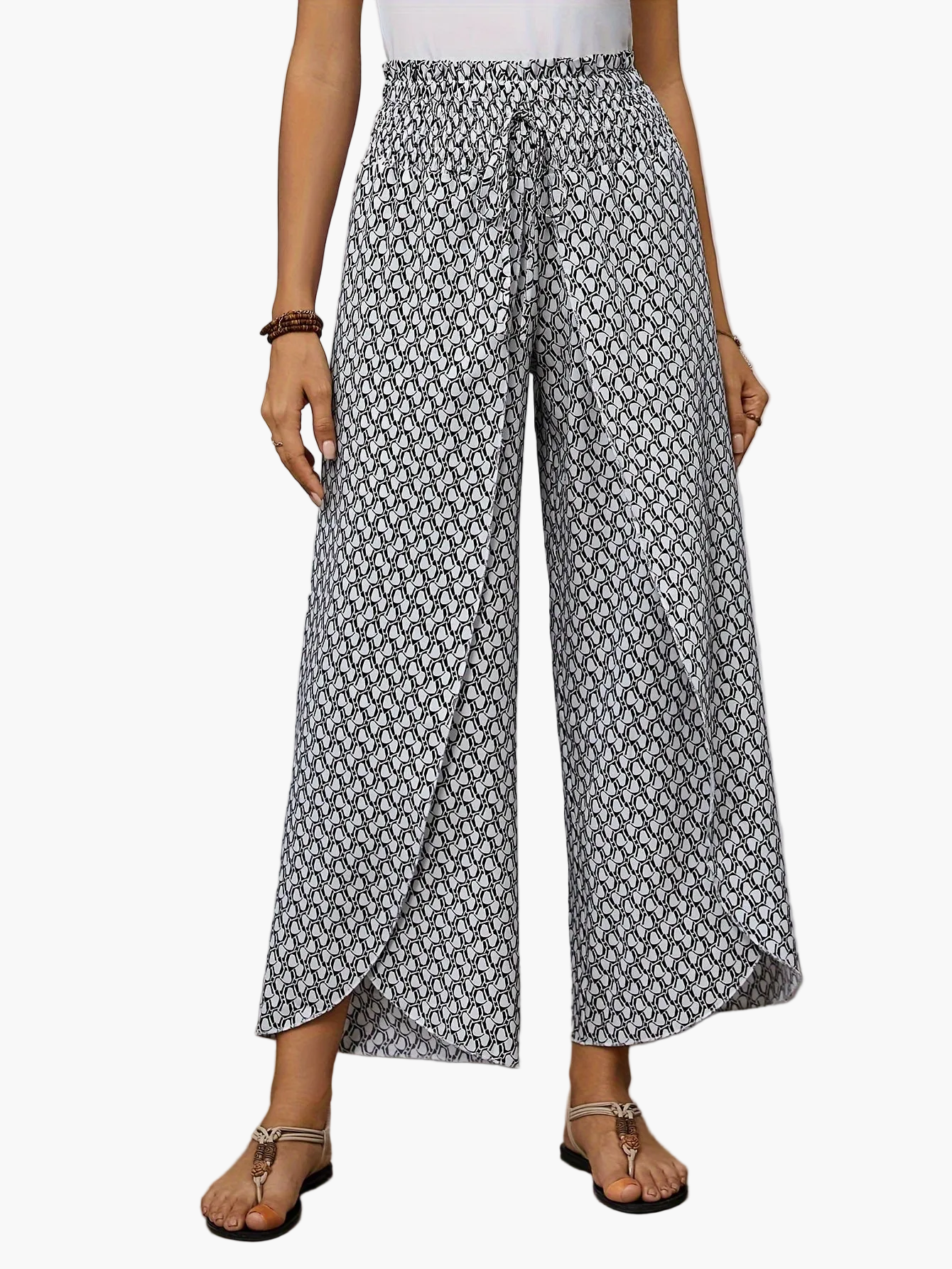 Women's Elegant Wide-Leg Wrap Pants with Geometric Pattern for Spring and Summer