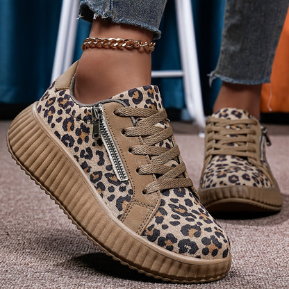 Women's Platform Sneakers with Leopard Print and Zipper – Fashionable Casual Shoes for Everyday and Street Style