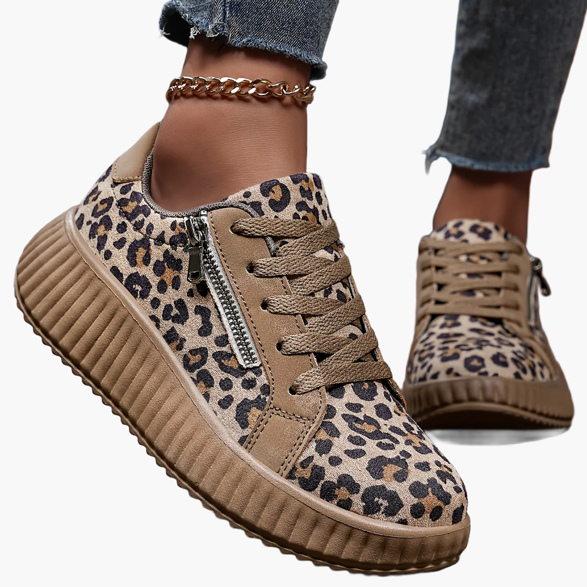 Women's Platform Sneakers with Leopard Print and Zipper – Fashionable Casual Shoes for Everyday and Street Style