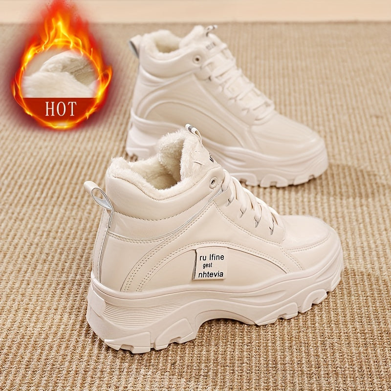 Damen Gefütterte Plateausneaker, Winter Hohe Sneaker mit dicker Sohle, Weiß