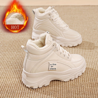 Damen Gefütterte Plateausneaker, Winter Hohe Sneaker mit dicker Sohle, Weiß