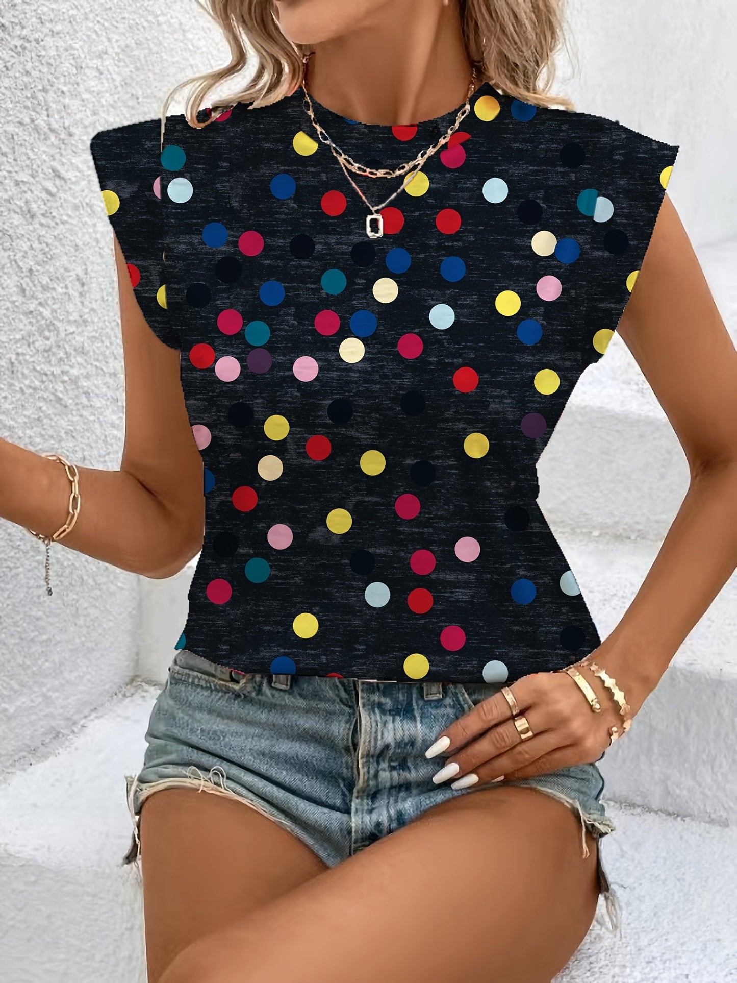 Women's Trendy Sleeveless Polka-Dot Top for Everyday and Leisure