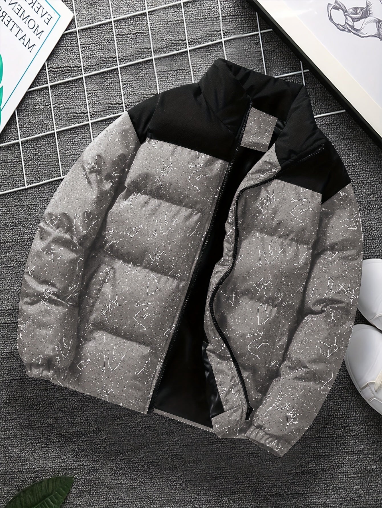 Padded jacket with constellation print, zipper, and stand-up collar