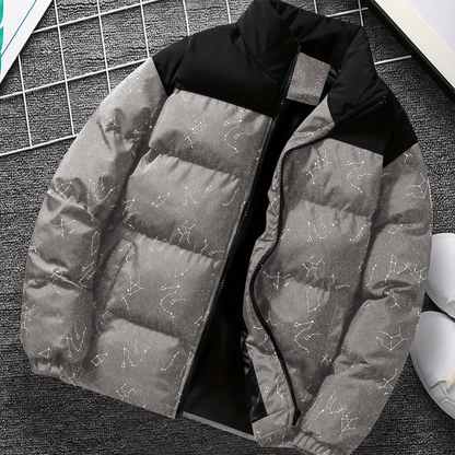 Padded jacket with constellation print, zipper, and stand-up collar