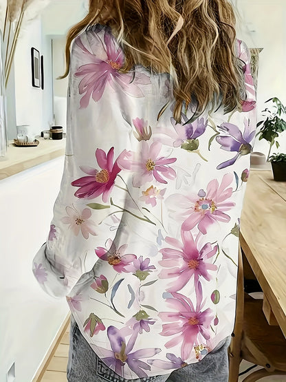 Women's Blouse with Floral Pattern – Elegant Long-Sleeve Shirt Blouse for Spring and Summer, Casual & Office
