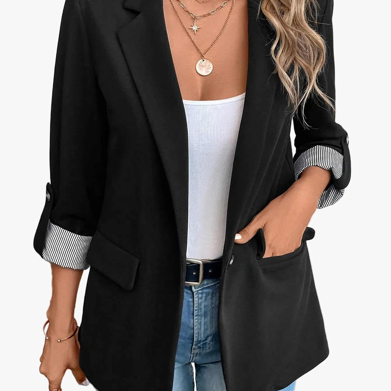Women's Blazer Elegant Business Casual Jacket with Turn-Up Sleeves