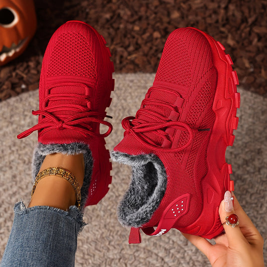 Damen Sneaker mit Strick-Obermaterial und Futter in Pelz-Optik Rot