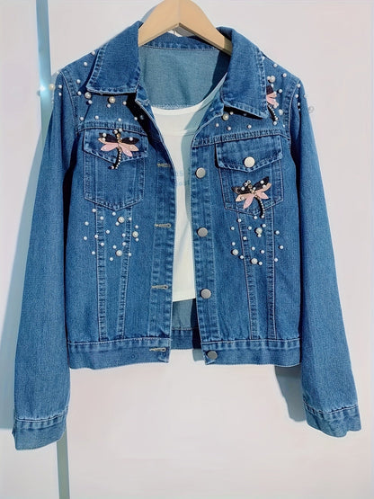 Women's denim jacket with blue pearl embellishments