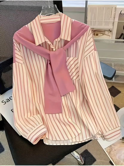 Women's striped blouse with tie detail, long-sleeve shirt blouse with chest pocket