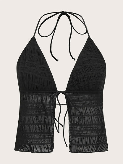 Women's Fashionable Halterneck Camisole Top with Ruching and Tie – Party & Summer Outfit