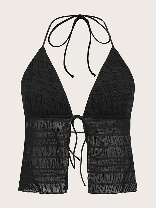 Women's Fashionable Halterneck Camisole Top with Ruching and Tie – Party & Summer Outfit