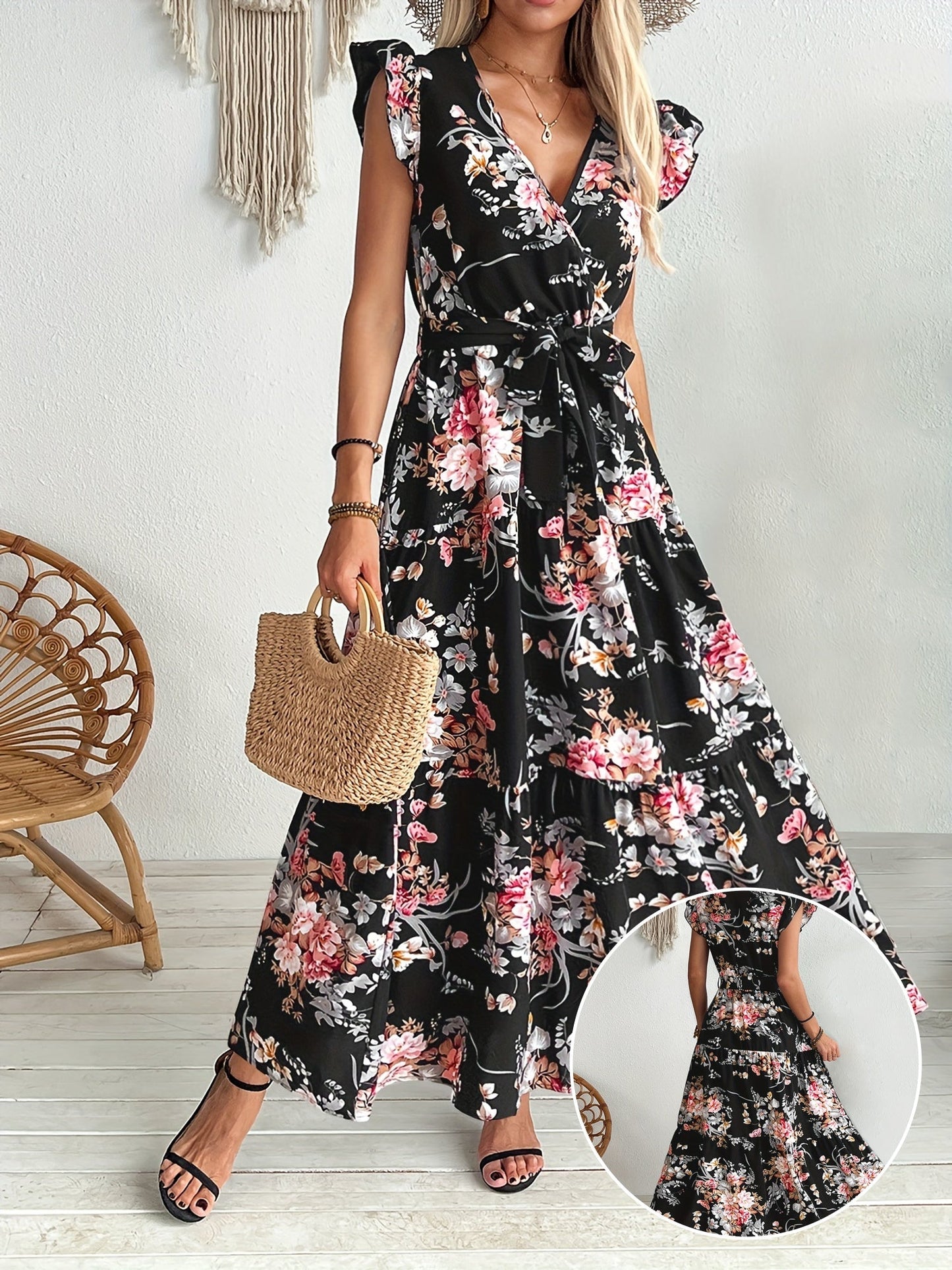 Women's Maxi Dress with Floral Pattern, V-Neck, Belt – Elegant Summer Dress for Vacation & Leisure