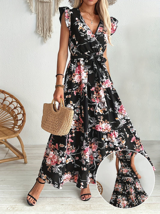 Women's Maxi Dress with Floral Pattern, V-Neck, Belt – Elegant Summer Dress for Vacation & Leisure