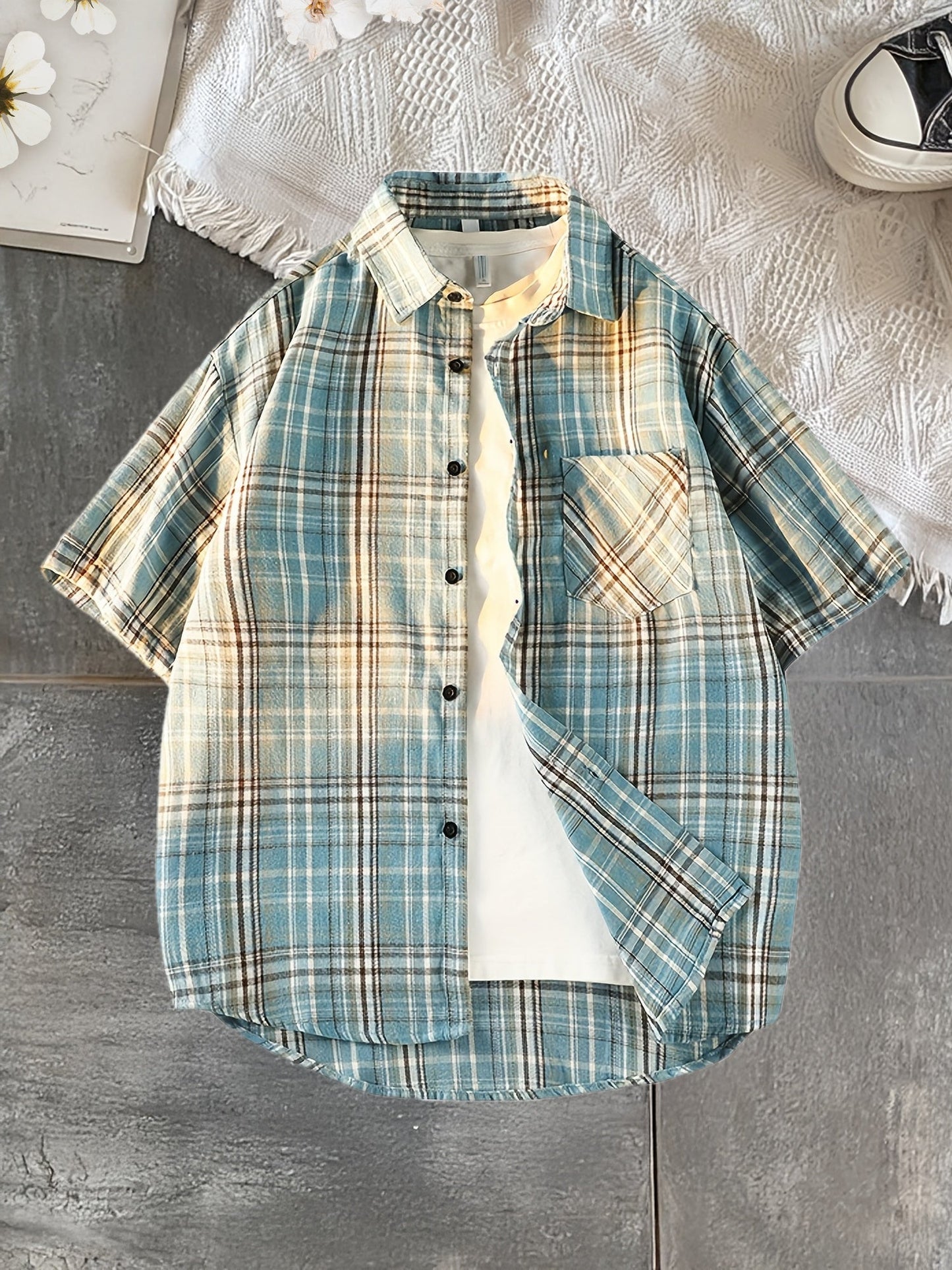 Men's Short Sleeve Casual Shirt Checked Vintage Look Streetwear