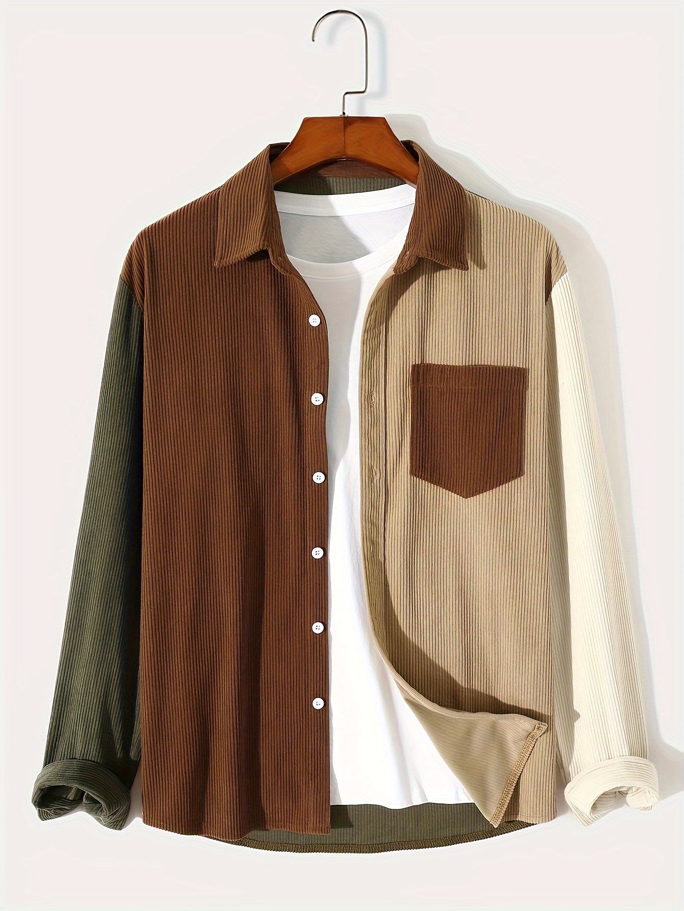 Herren Hemd Cord Patchwork Langarm Knopfleiste Braun Beige Khaki