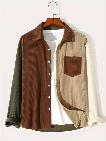 Herren Hemd Cord Patchwork Langarm Knopfleiste Braun Beige Khaki