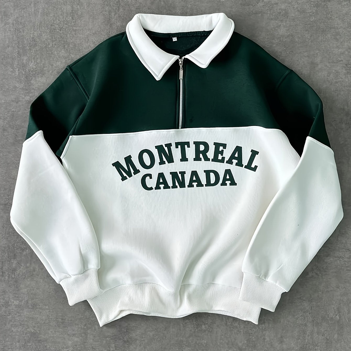 Unisex long-sleeve sweatshirt with collar, zipper, and “Montreal Canada” print – Green/White