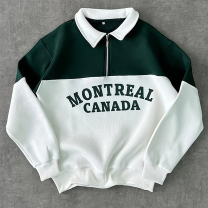 Unisex long-sleeve sweatshirt with collar, zipper, and “Montreal Canada” print – Green/White