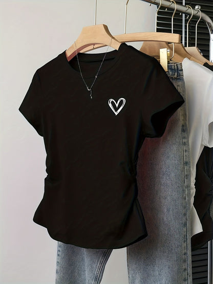 Women's T-shirt with Heart Print – Fashionable Summer Top, Fitted, Short Sleeve, Casual & Leisure Look